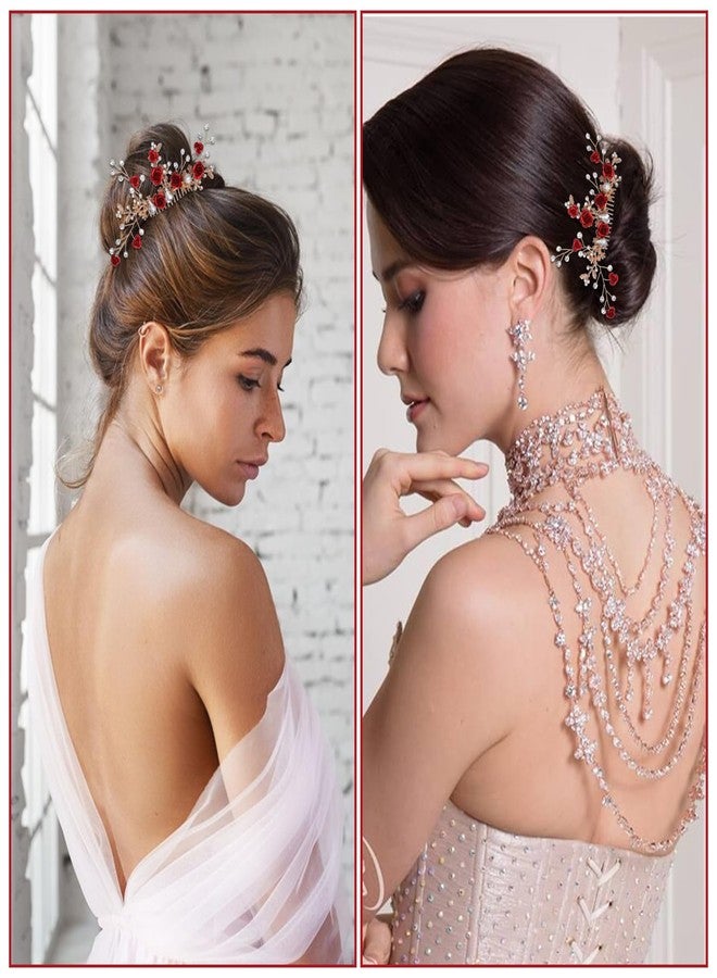 MBAIYO Red Flower Hair Comb, Gold Rose Crystal Bridal Hair Side Comb Vintage Floral Rhinestone Rose Side Comb Crystal Emerald Headpiece Wedding Sparkly Hair Accessory for Women - Image 4